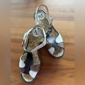 FLY London Women's Navy, Cream & Taupe Sandals. EUC. Velcro buckles. Size 38.